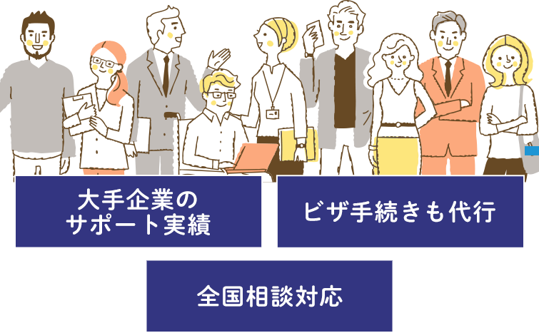 大手企業のサポート実績・ビザ手続きも代行・全国相談対応
